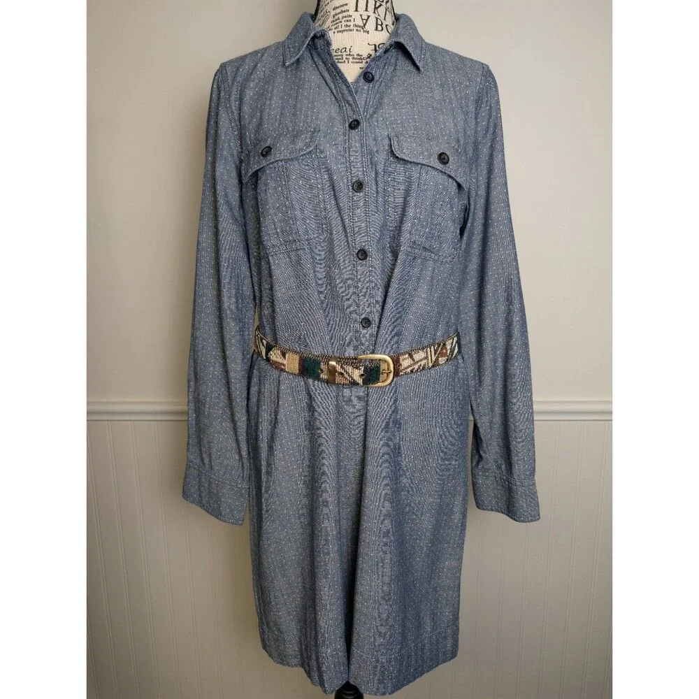 J.Crew Chambray Polkadot Shirt Dress Size S Blue Cotton Roll Tab Long Sleeve